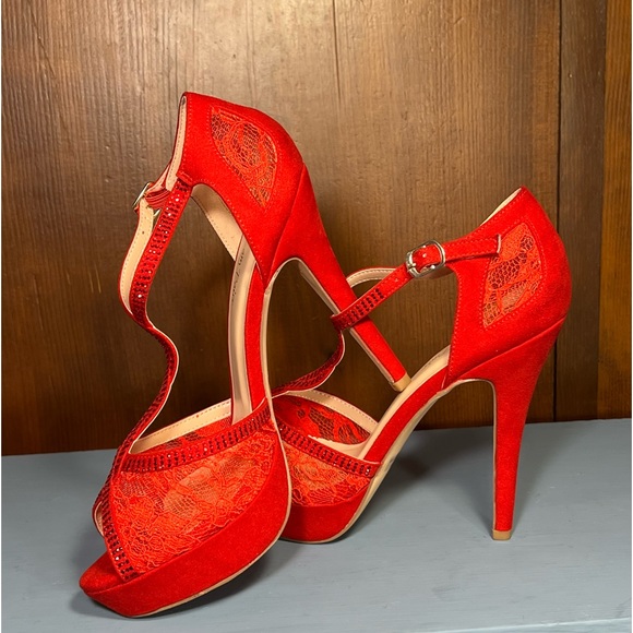 Super Sexy Red Suede, Lace & Rhinestone Stiletto Heels by Dream Pairs. 9.5M ❤️❤️ - Picture 9 of 10